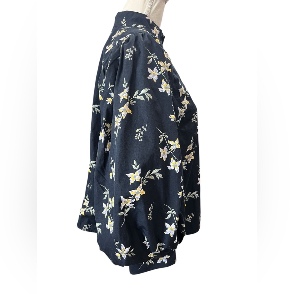 Levi’s Navy Floral Puff Sleeve Blouse XL High Neck Cotton Back Zip Top - Picture 5 of 11